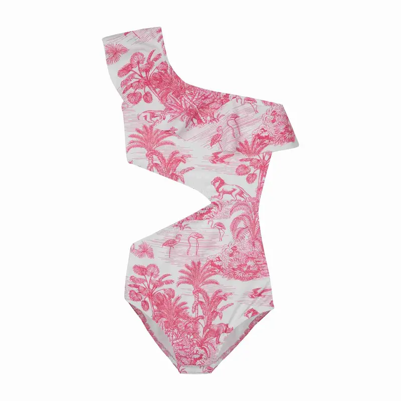 Girls' Pink Jungle One-Shoulder Cut-Out Swimsuit 1