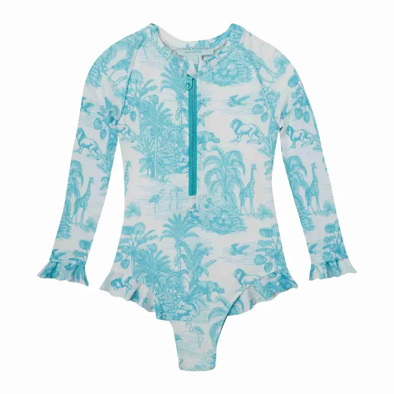 Girls' Ruffled Long-Sleeve One-Piece Dress – Jungle Turquoise 1