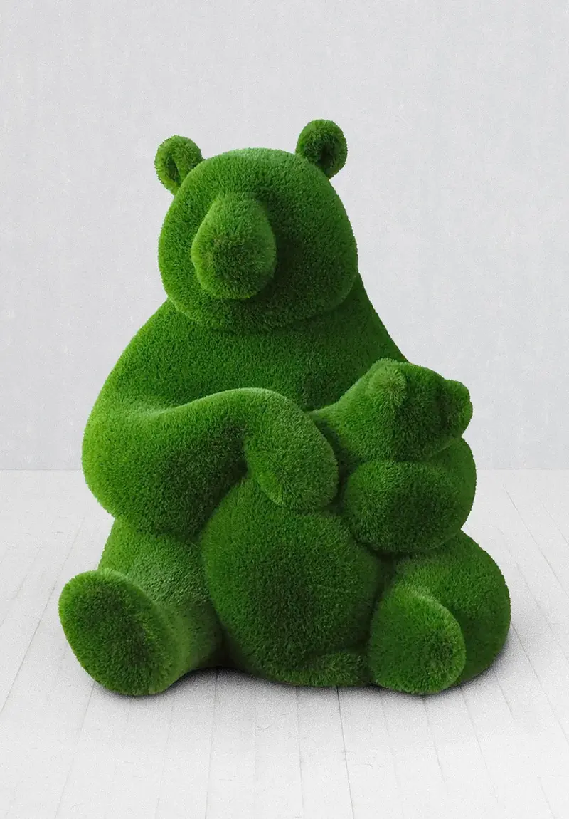 Grass Panda Topiary With Cub – Playful Bamboo-Themed Pair Sculpture 1