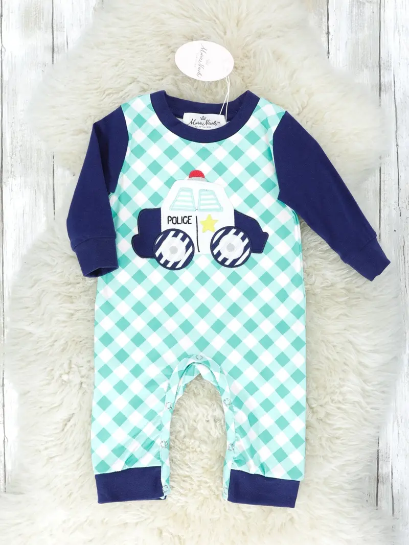 Green And Navy Gingham Police-Themed Infant Romper 1