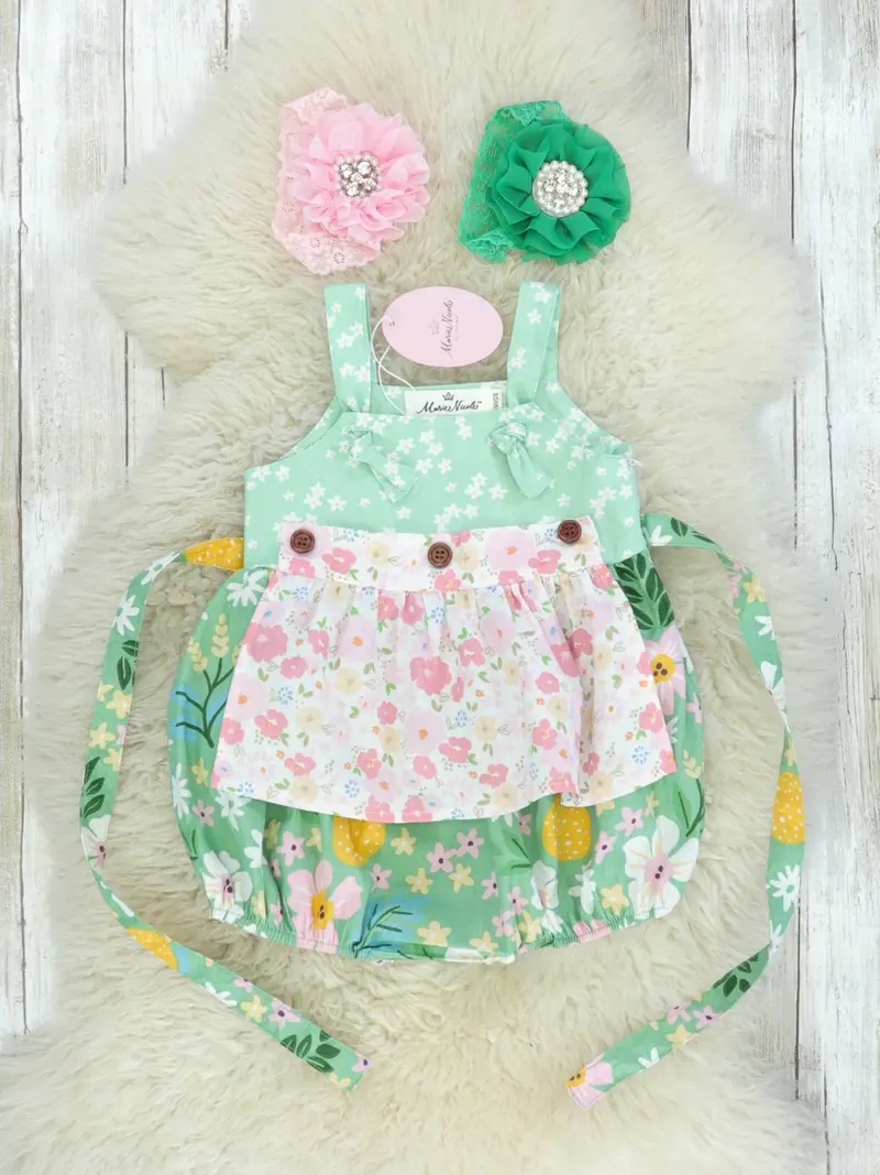 Green And Pink Floral Apron-Style Romper For Infants 1