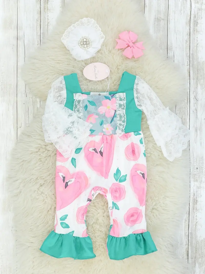 Green And Pink Floral Romper With Lace-Sleeve Detail 1