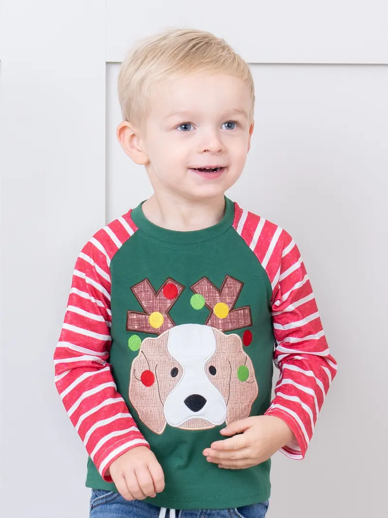 Green And Red Striped Embroidered Puppy Top 1