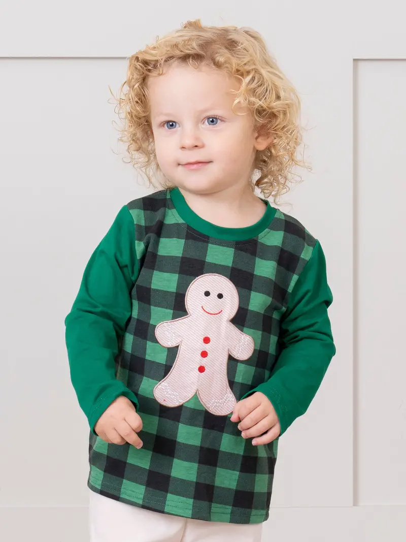 Green Buffalo Plaid Gingerbread-Themed Embroidered Shirt 1