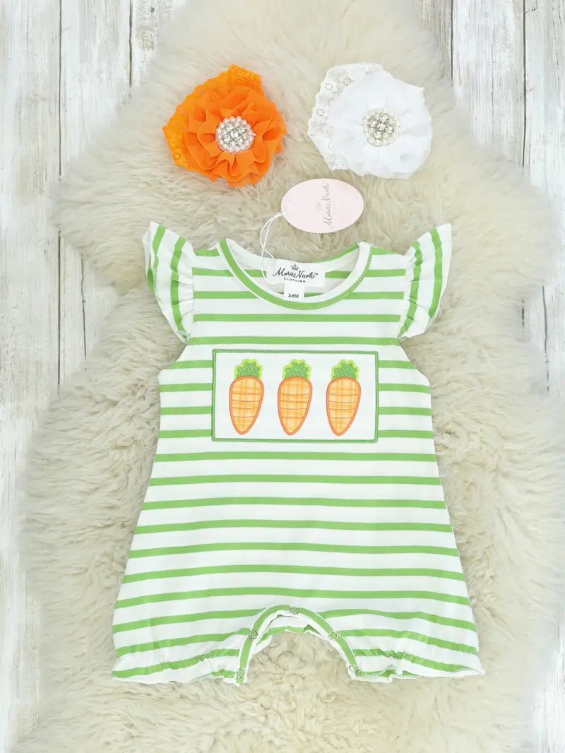 Green Carrot Ruffle Romper With Soft Cotton Fabric 1