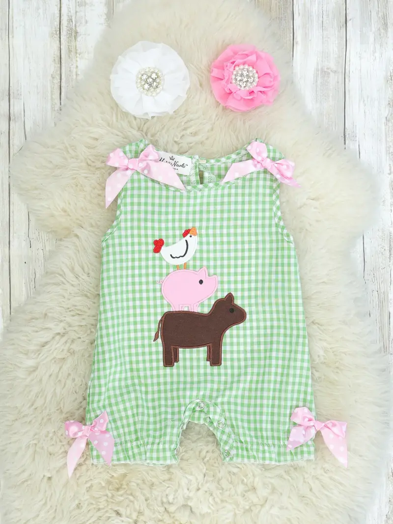 Green Checkered Farm Animal Romper For Infants 1