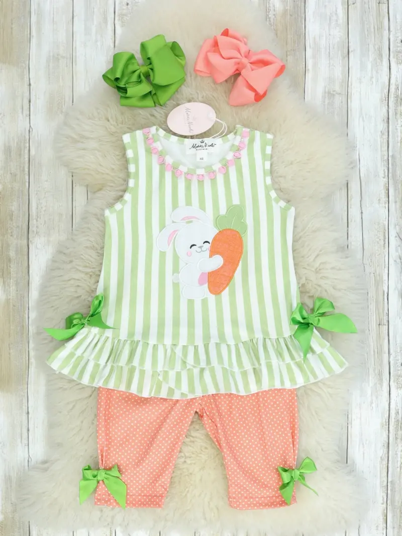 Green & Coral Spring Bunny Bow Outfit Set 1