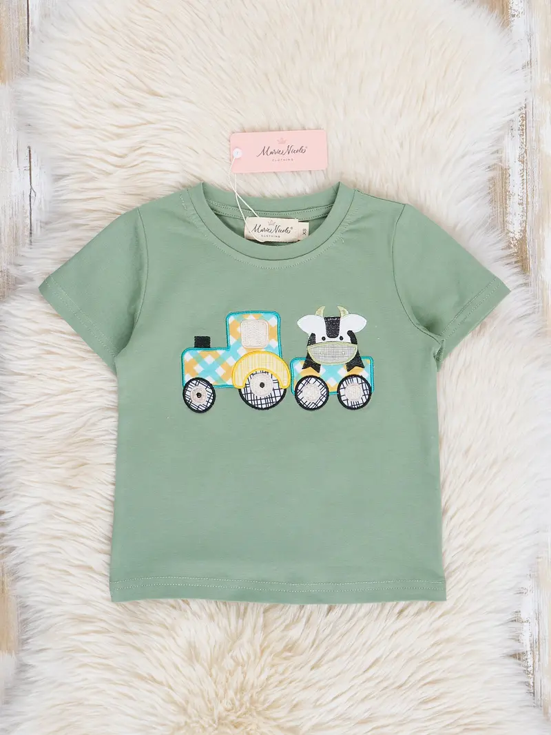 Green Embroidered Cow Train Short-Sleeve Top 1