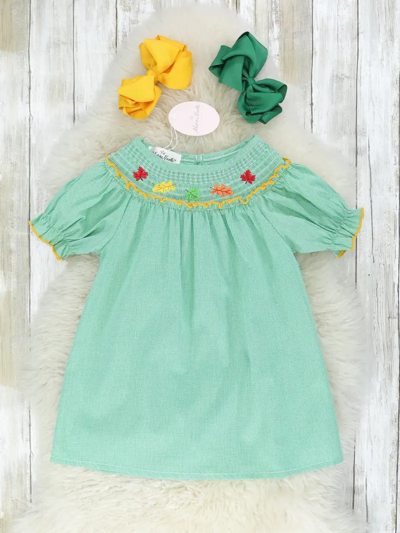 Green Fall Leaves Smocked Dress For Girls 1