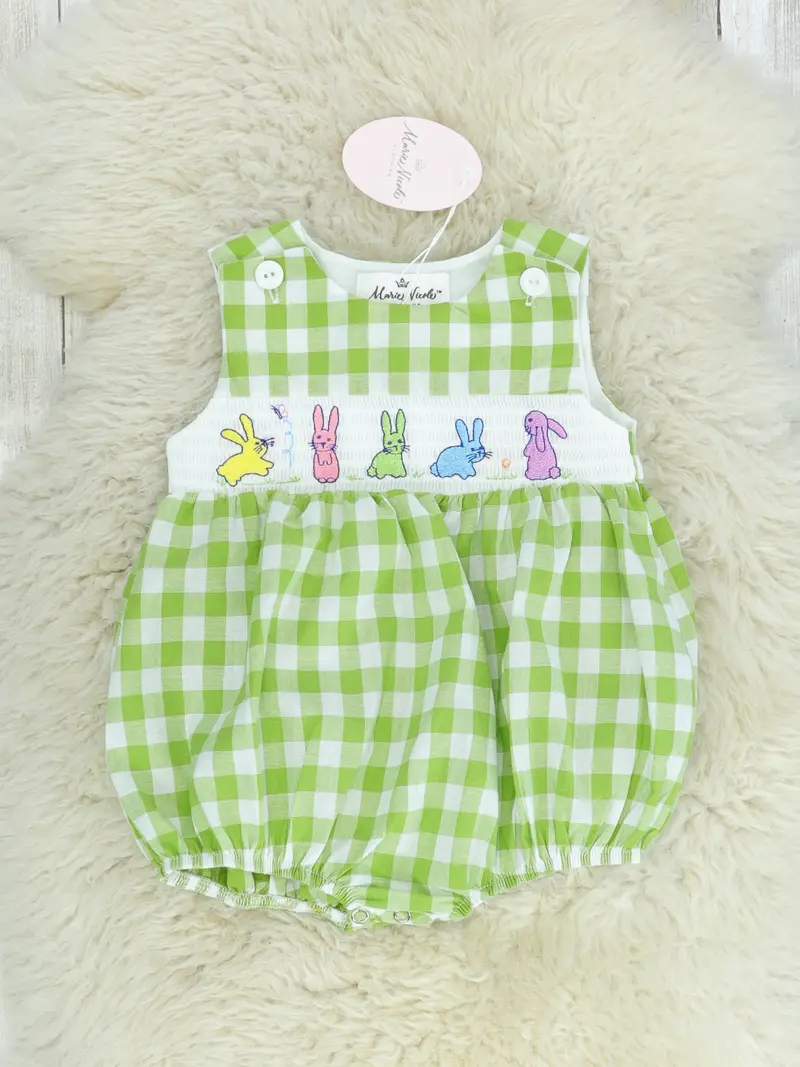 Green Gingham Bunny Picnic Cotton Bubble Romper 1