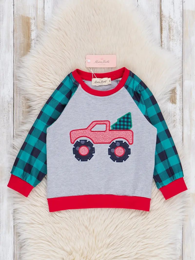 Green Gingham Monster Truck Graphic Shirt 1