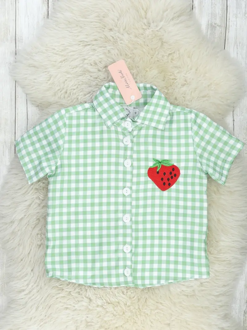 Green Gingham Strawberry Polo Shirt For Toddlers 1