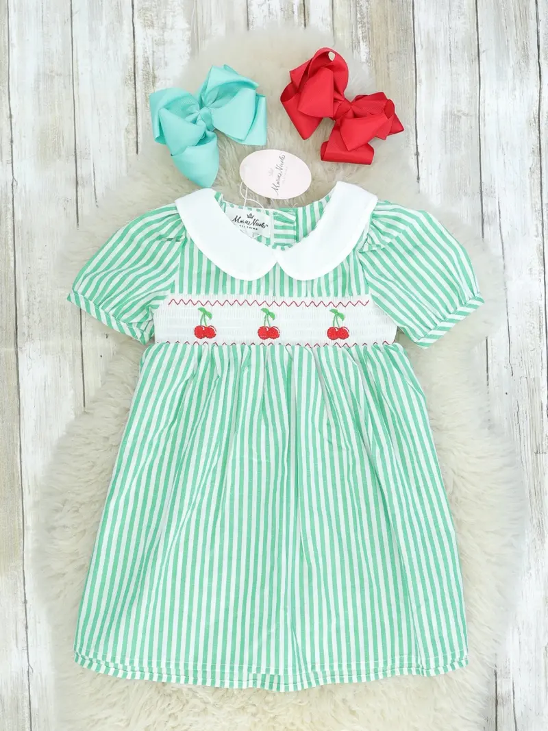 Green Pinstripe Smocked Cherry Dress For Girls 1