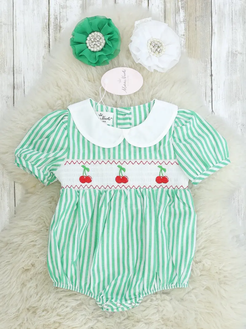 Green Pinstriped Cherry Bubble Romper With Smocking 1