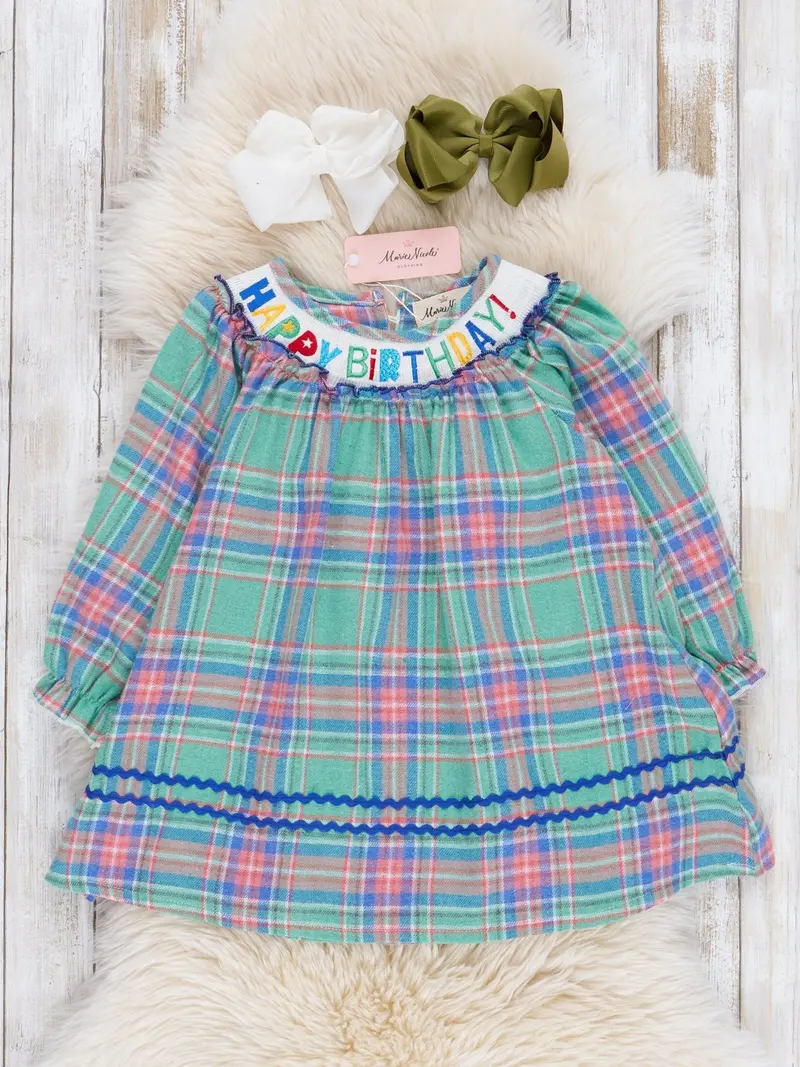 Green Plaid Smocked Birthday Dress For Kids 1