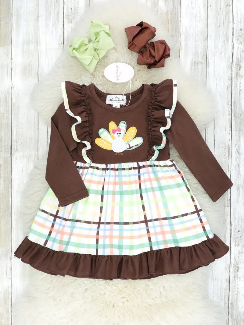 Green Plaid Turkey Ruffle Dress For Toddlers 1