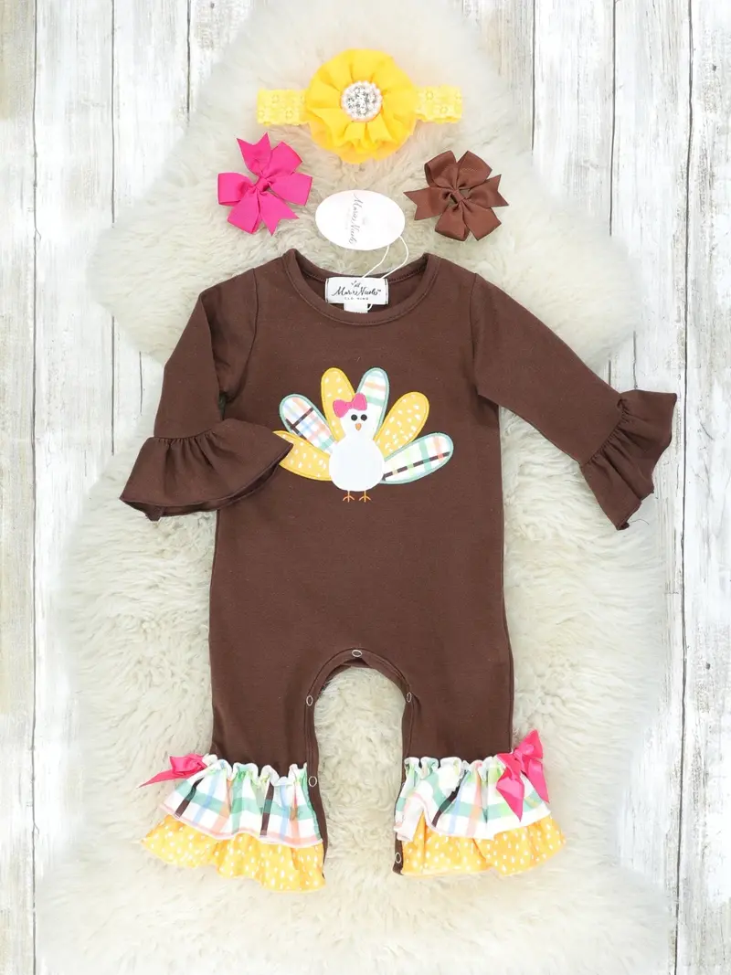 Green Plaid Turkey Ruffle Romper For Fall 1
