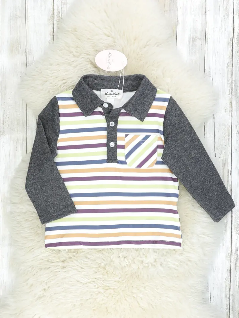 Green Striped Raglan Pocket Polo Shirt For Toddlers 1