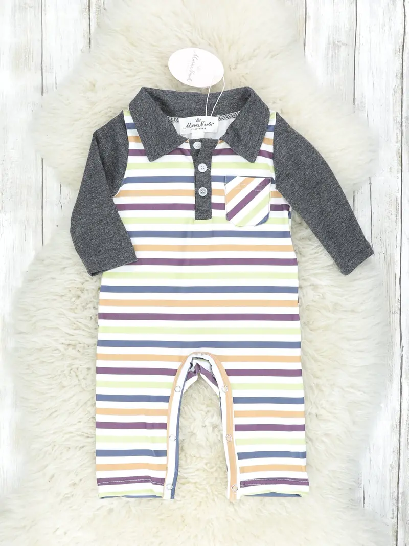 Green Striped Raglan Polo Romper With Front Pocket 1