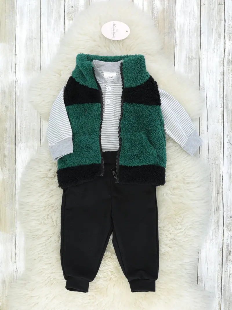 Green Vest, Romper, And Jogger Three-Piece Set 1