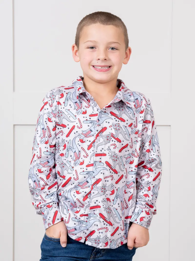 Grey And Blue Skating Dinosaur Holiday T-Shirt 1