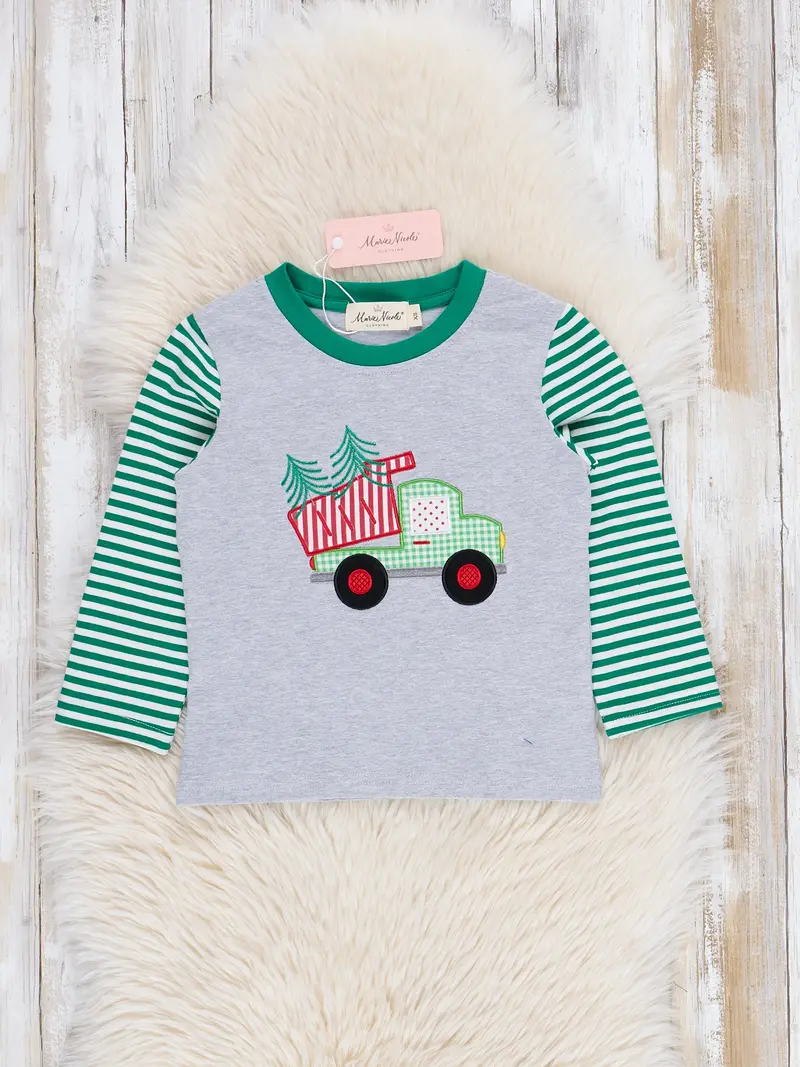 Grey And Green Evergreen Striped Raglan Holiday Top 1