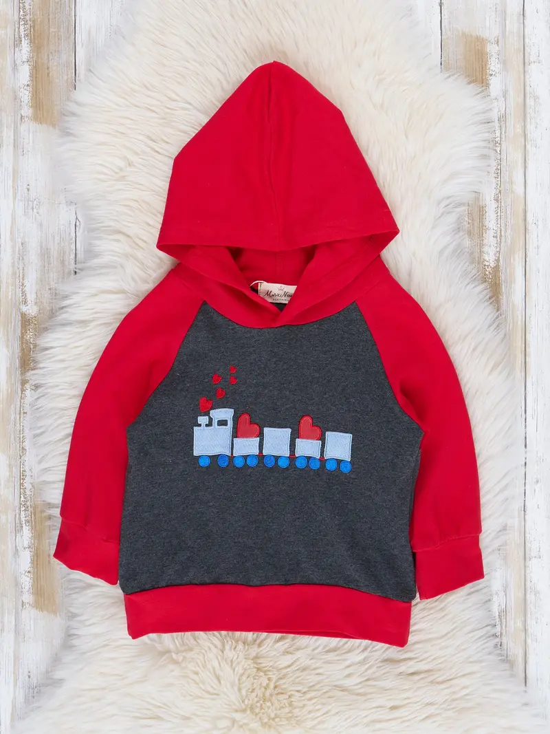 Grey And Red Raglan Candy Hearts Train Hoodie For Boys And Girls 1