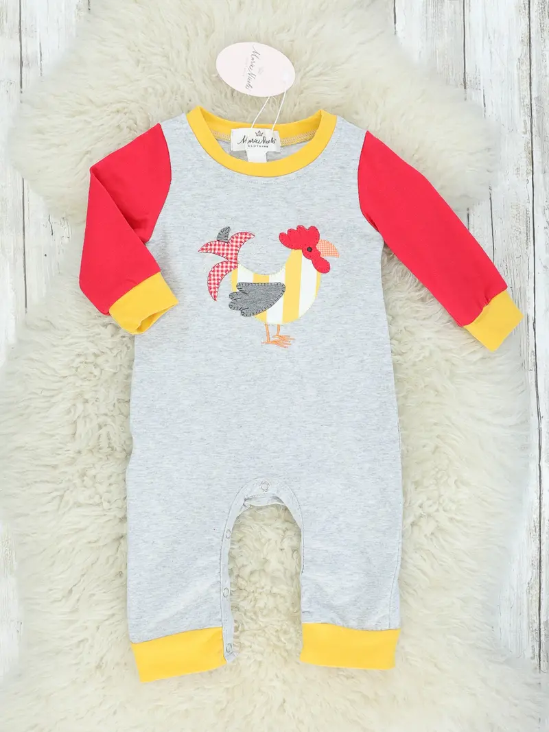 Grey And Red Rooster-Print Raglan Romper 1