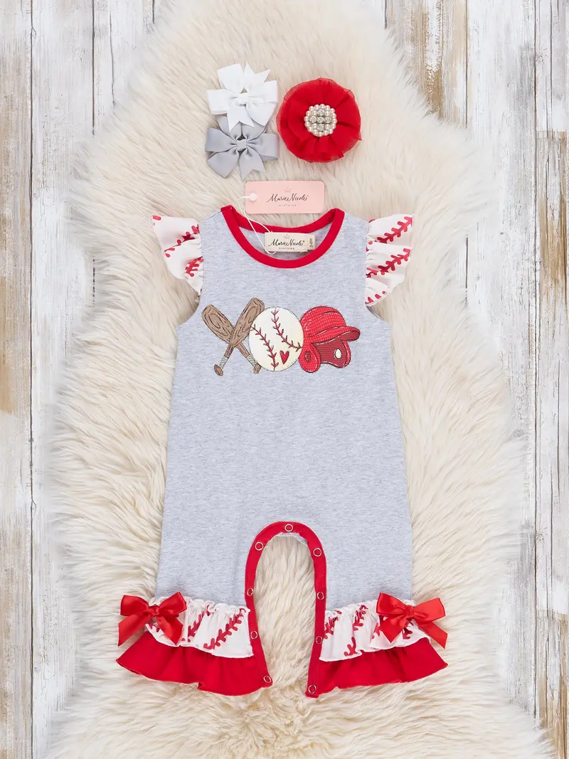 Grey Baseball-Themed Ruffle Romper For Toddlers 1