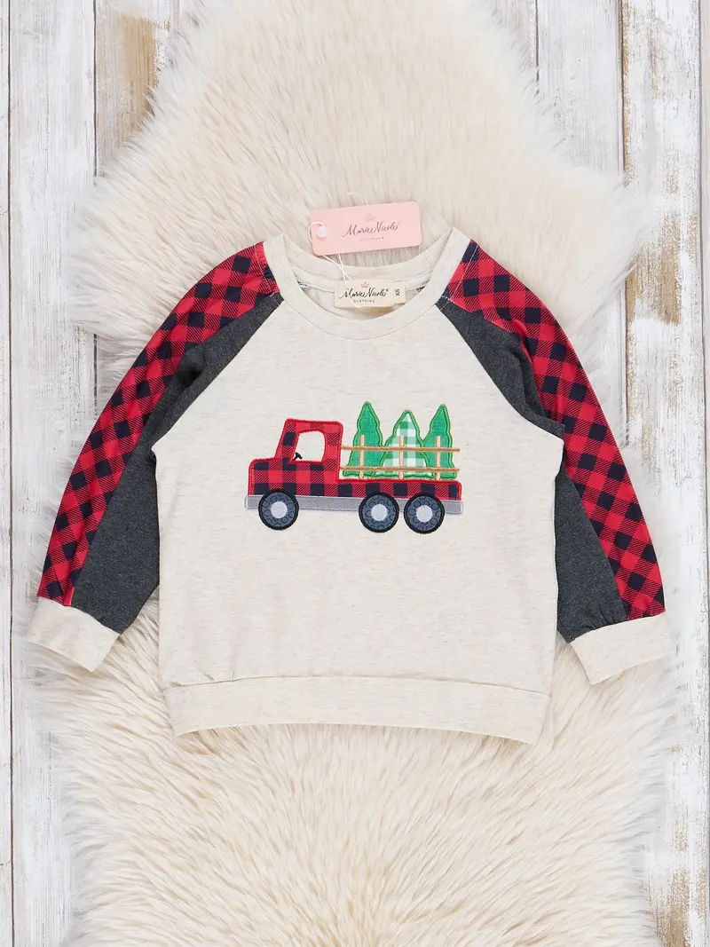 Grey Christmas Tree Truck Plaid Raglan Shirt 1