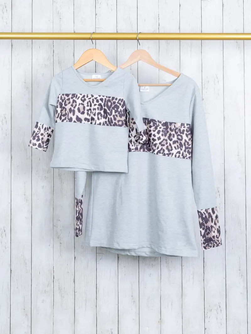 Grey Leopard Colorblock Matching Mom & Me Tops 1