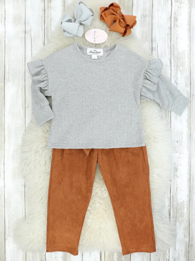 Grey Ribbed Ruffle Top Paired With Camel Suede Bottoms 1