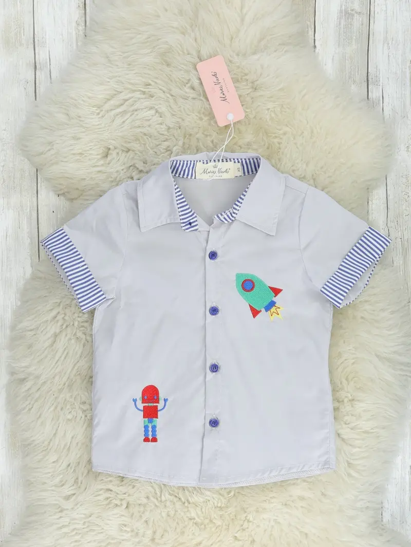 Grey Space-Themed Robot Graphic Polo Shirt 1