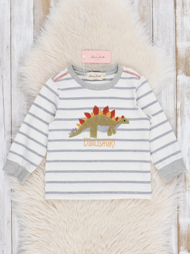 Grey Striped Dinosaur Embroidered Short-Sleeve Shirt 1