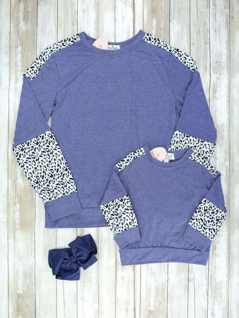 Heathered Blue Cheetah Matching Mom And Baby Top Set