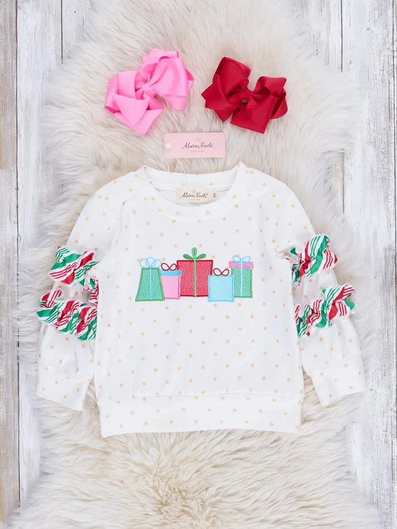 Holiday-Themed Gold Dot And Candy Cane Stripe Embroidered Shirt 1