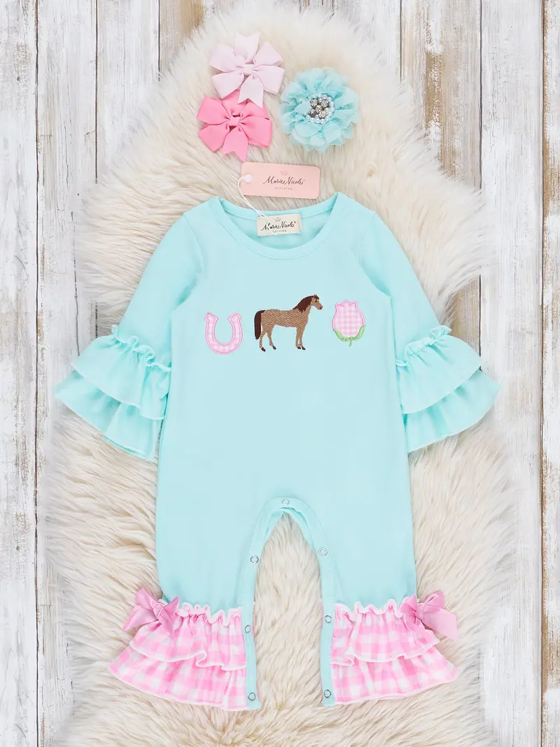 Horsing Around Gingham Embroidered Ruffle Romper 1