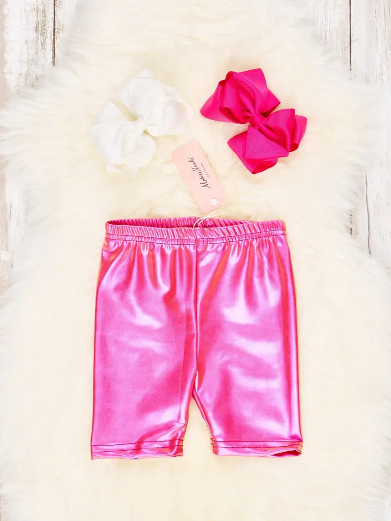 Hot Pink Holographic Biker Shorts – High-Waisted Legging Style 1