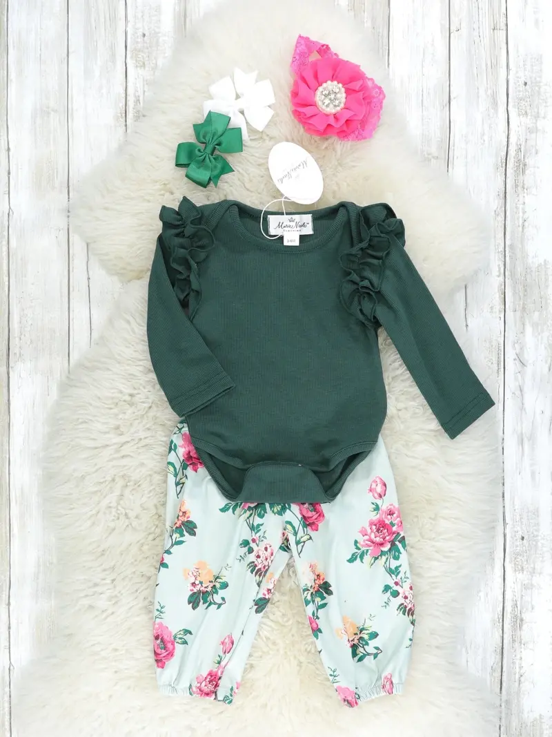 Hunter Green Rose Ruffle Baby Set: Onesie + Joggers 1