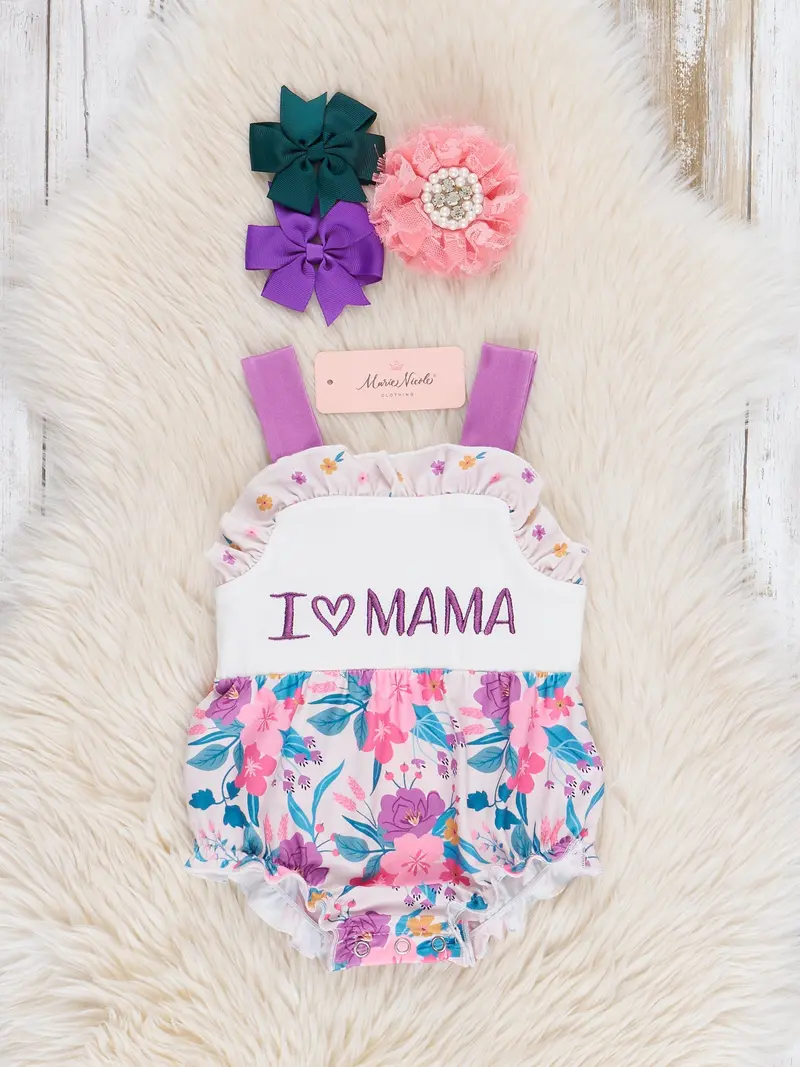 "I Love Mama" Floral Bubble Romper With Soft Ruffles 1