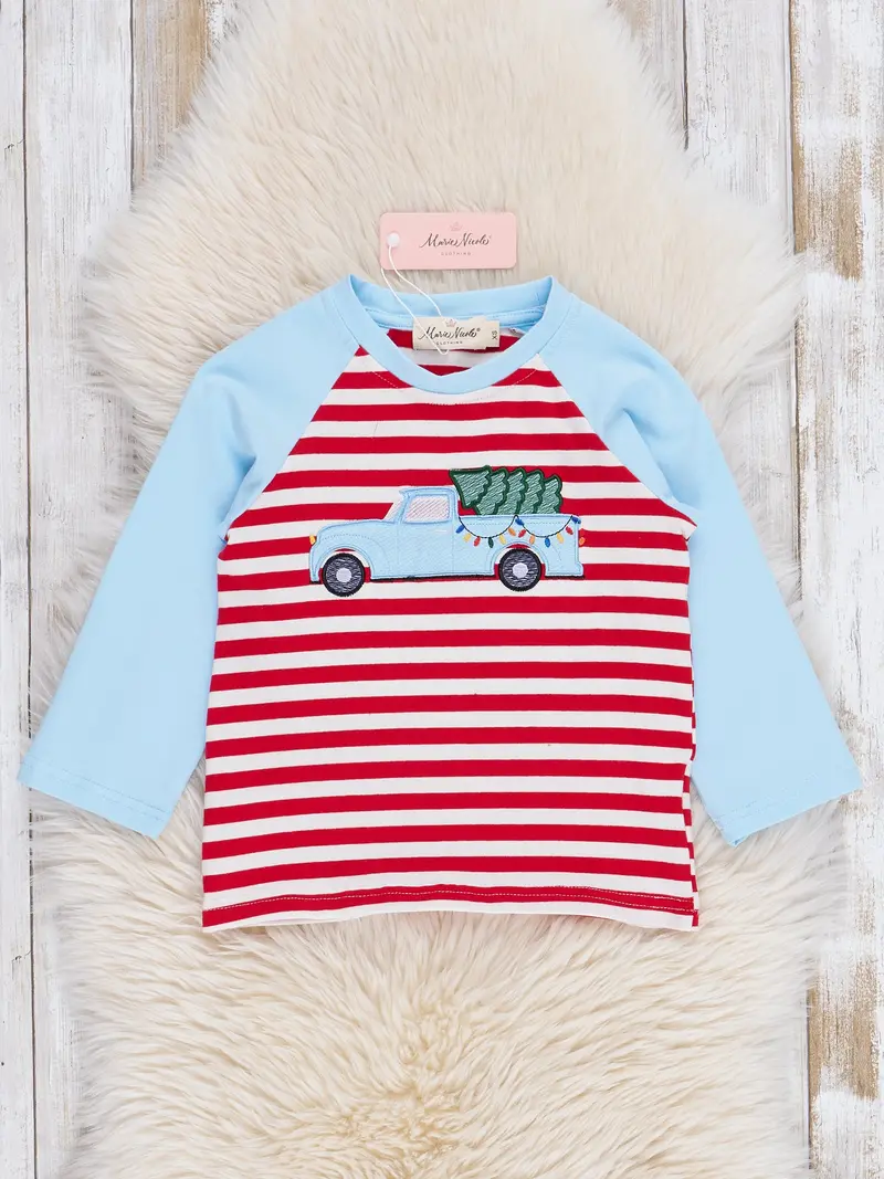 Ice Blue And Red Striped Fresh-Cut Christmas Tree Shirt 1