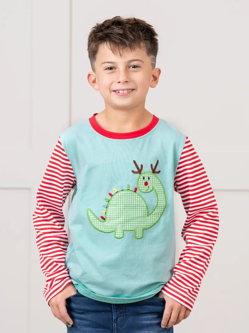 Ice Blue Gingham Dinosaur Raglan Shirt With Embroidery 1