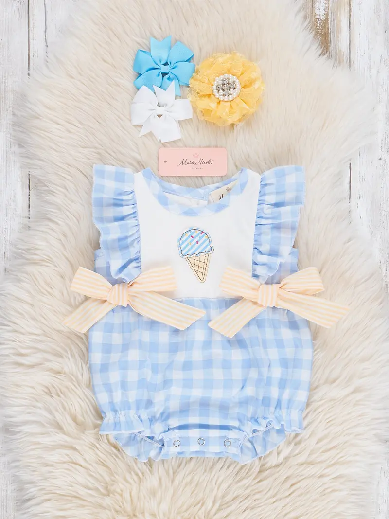 Ice Cream Embroidered Gingham Bubble Romper 1
