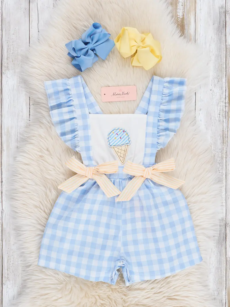 Ice Cream Embroidered Gingham Romper For Babies 1