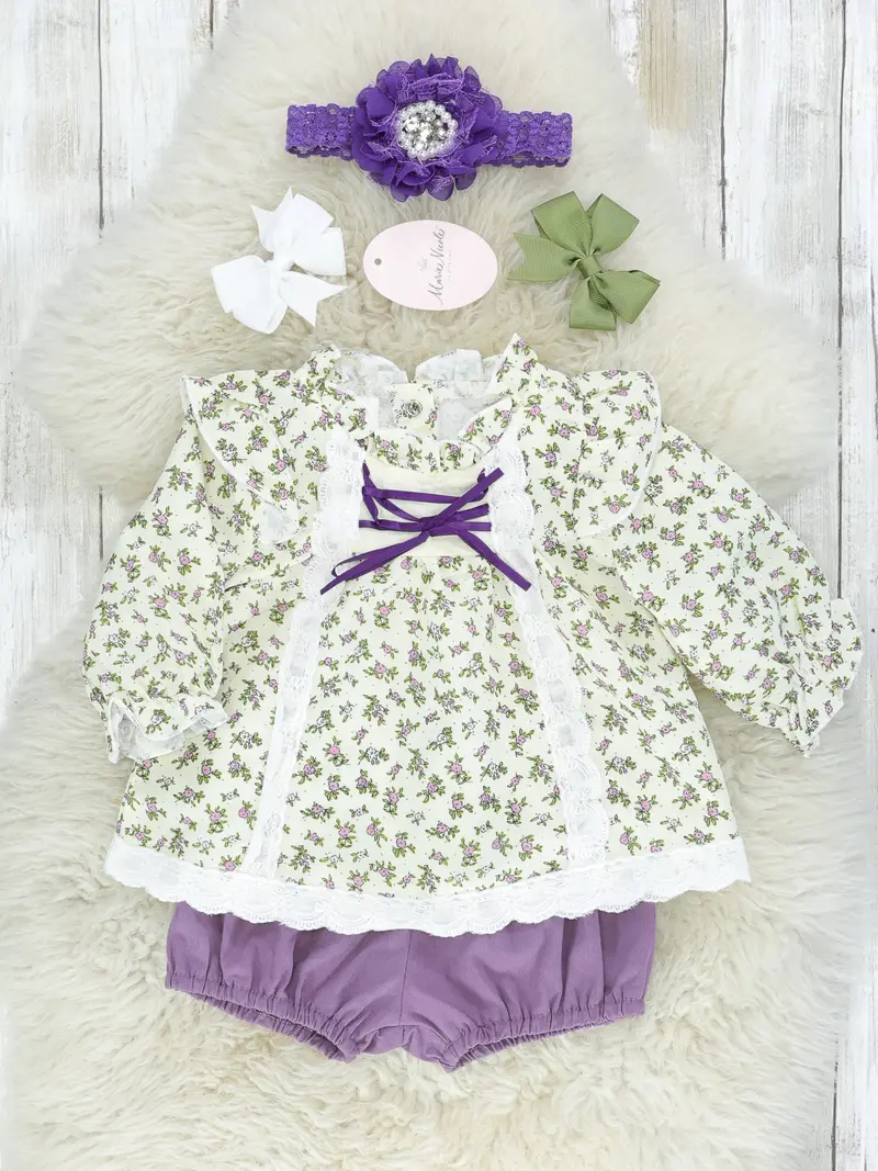 Ivory Lace Floral Top Paired With Purple Bloomers Outfit 1