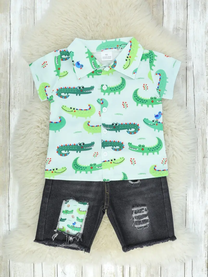 Later Alligator Button-Up Shirt And Denim Shorts Combo 1