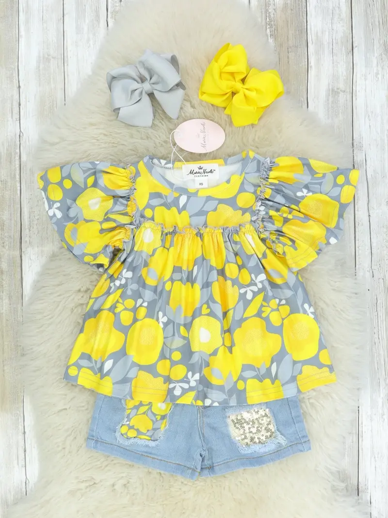 Lemon Yellow Ruffle Top And Distressed Denim Outfit 1