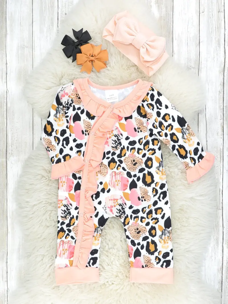 Leopard-Print Peach Ruffle Romper 1