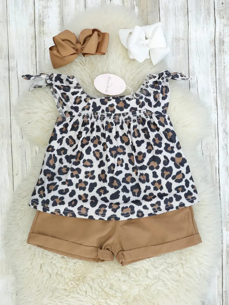 Leopard Print Top And Paperbag Waist Shorts Set 1