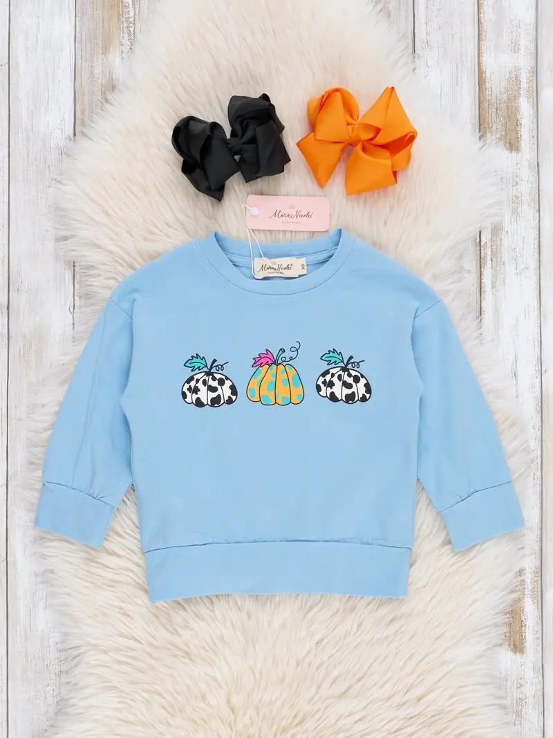 Light Blue Cow-Print Pumpkin Graphic T-Shirt 1